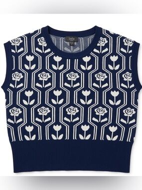 Belle by Belldini Navy and White Floral Knit Crewneck Sweater Vest Size L